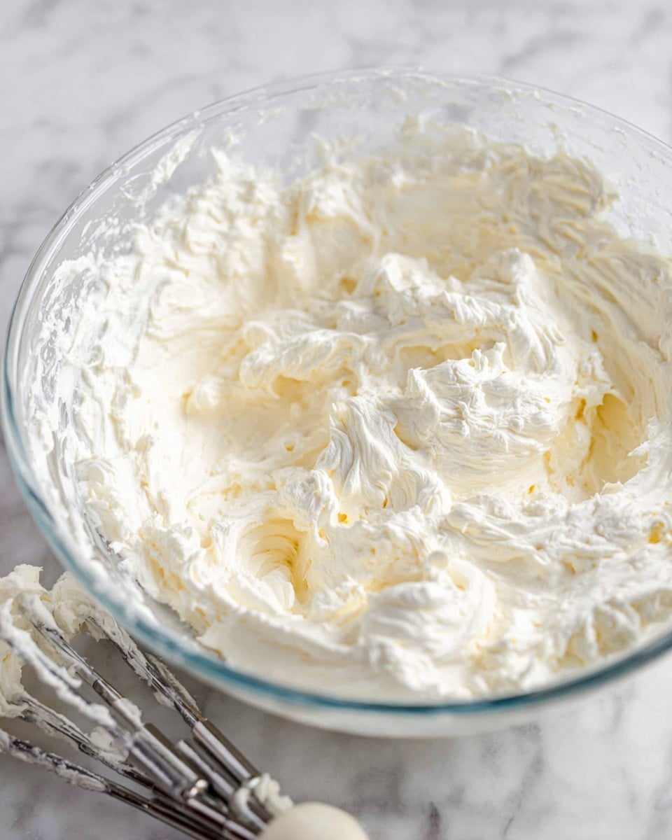 A clear glass bowl filled with a thick, creamy white mixture with soft, fluffy texture that looks like whipped cream or frosting, showing some smooth areas and peaks around the edges. In the foreground, slightly blurred, are two metal beaters covered in the same creamy mixture. The bowl is placed on a white marbled surface. Photo taken with an iphone --ar 4:5 --v 7