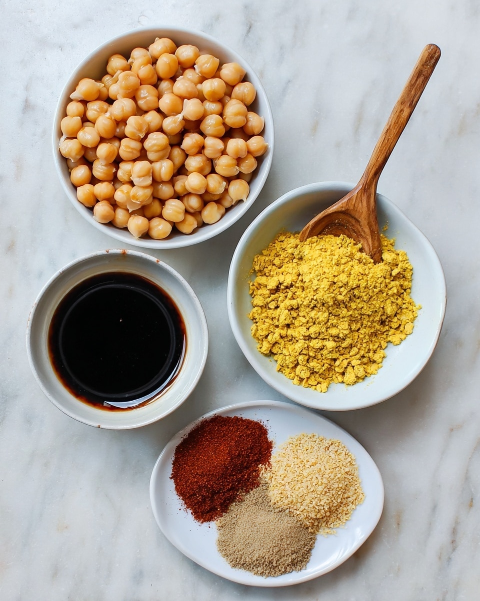 Four white bowls are placed on a white marbled surface. The top right bowl is filled with whole light brown chickpeas, smooth and round. To the bottom right, a bowl holds a dark liquid, almost black, with a shiny surface. The bottom center bowl contains yellow flakes with a dry, crumbly texture, and a small wooden spoon rests inside it. The bottom left bowl shows four small piles of spices: a red powder, a brown powder, a light tan granulated spice, and a slightly darker tan granulated spice, arranged side by side. photo taken with an iphone --ar 4:5 --v 7