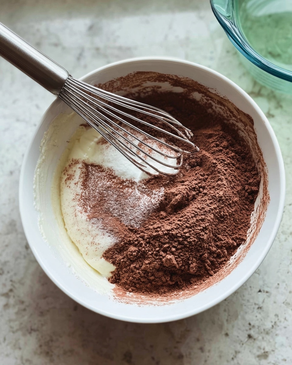 Inside a white bowl, there are two main layers of ingredients: a thick layer of dry cocoa powder mixed with flour that is dark brown and powdery, and a lighter, creamy off-white layer of wet batter on top. A metal whisk is placed inside the bowl, resting on the ingredients. The bowl is set on a white marbled surface, and the image shows part of a greenish translucent container on the top right. photo taken with an iphone --ar 4:5 --v 7