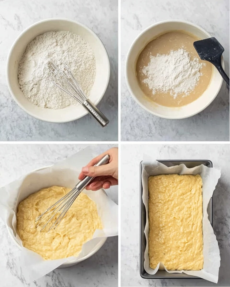 The image shows four steps of making a batter in a white mixing bowl on a white marbled surface. The first step has a white powdery flour layer with a metal whisk inside the bowl. The second step has a light beige wet mixture with white powder on top around one side of the bowl, with a black spatula beside it. The third step shows a creamy yellow mixture with some lumps being stirred with a black spoon. The last step shows the batter, a thick yellow layer with some texture, spread evenly in a white paper-lined rectangular baking pan with a woman's hand holding the edge of the pan. Photo taken with an iphone --ar 4:5 --v 7