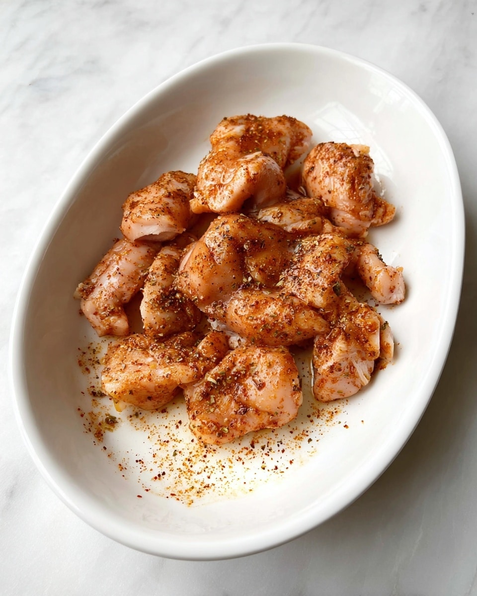 A white oval dish holds several small pieces of raw chicken that are coated with a reddish-brown spice mix, spread unevenly across the bottom. The chicken pieces have a moist and slightly shiny texture, with visible seasoning specks like herbs and paprika on the surface. The dish is placed on a white marbled surface, giving a clean and bright look to the setting. photo taken with an iphone --ar 4:5 --v 7