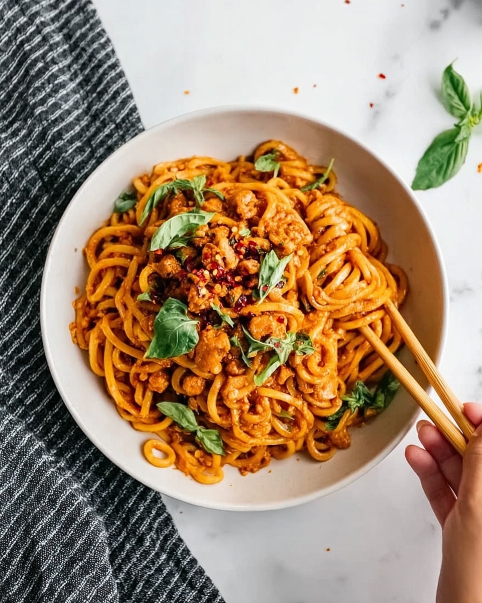 A white bowl filled with a serving of thick, orange-colored noodles topped with small pieces of cooked meat, likely chicken, mixed with a savory sauce. The dish is garnished with fresh green basil leaves and small bits of chili flakes scattered on top, adding pops of red. The noodles and meat layers blend smoothly, with some sauce coating the pasta, giving it a shiny texture. The bowl is placed on a white marbled surface with a striped dark cloth napkin nearby. A pair of light wooden chopsticks rest across the bowl with a woman's hand reaching in from the top. photo taken with an iphone --ar 4:5 --v 7