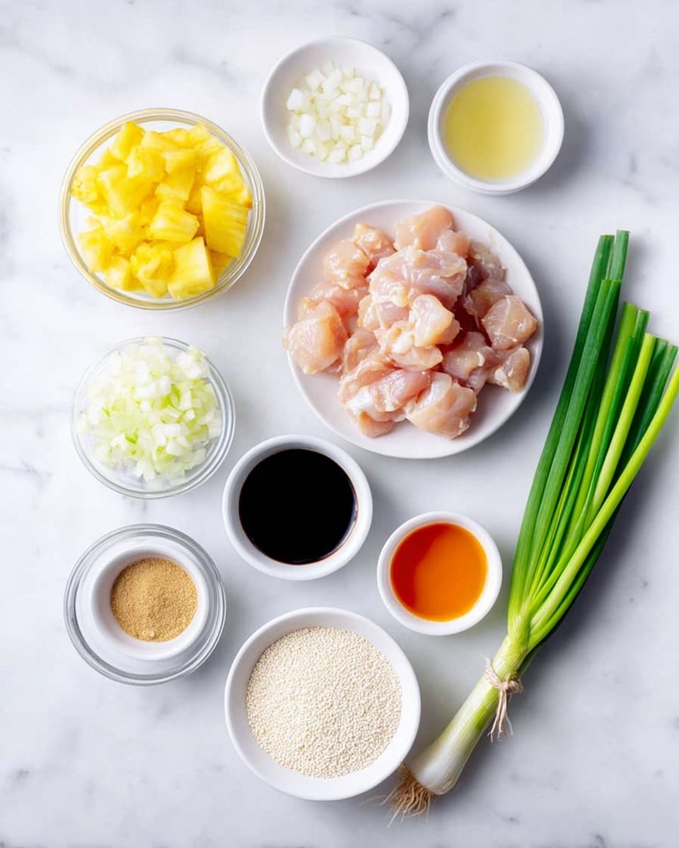 The image shows several small white bowls and a white plate with ingredients neatly arranged on a white marbled surface. At the center top, there is one white plate holding small chunks of raw chicken with a pale pink color. Surrounding it in a slightly curved line are small white bowls filled with different ingredients: finely chopped white onions, bright yellow pineapple chunks in a clear bowl, clear liquid oil, light brown powder, creamy white liquid, dark soy sauce, bright orange sauce, and minced garlic on a tiny white dish. Below these bowls, there’s another white bowl filled with white sesame seeds. On the right side of the image, a bunch of fresh green onions tied with a rubber band is placed diagonally on the white marble background. The whole scene is bright and clear with a simple and clean setup. photo taken with an iphone --ar 4:5 --v 7