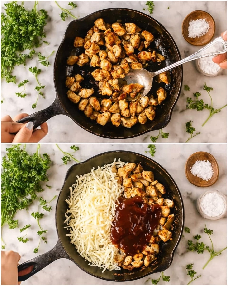 The first image shows a black cast iron pan with small cooked light brown pieces of chicken scattered inside. A spoon with a silver handle rests in the pan, held by a woman's hand. The background is a white marbled texture with a sprig of green parsley and a small white dish containing coarse salt nearby. The second image shows the same pan with the cooked chicken pieces, now joined by a heap of shredded white cheese and a large dollop of thick dark brown barbecue sauce on top, still on the same white marbled surface with the parsley and salt dish visible. photo taken with an iphone --ar 4:5 --v 7