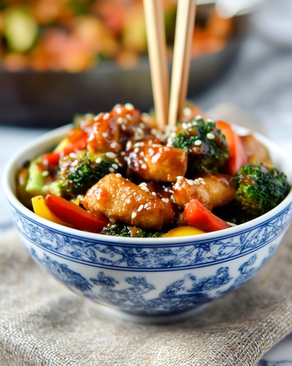 A white bowl with blue patterns is filled with a colorful stir-fry of three visible layers: the bottom layer has dark green broccoli florets and chunks of orange carrot slices, the middle layer shows yellow and red bell pepper pieces, and the top layer features light brown pieces of chicken glazed with a shiny sauce sprinkled with white sesame seeds. Two wooden chopsticks are inserted into the bowl from the top center. The bowl sits on a textured cloth over a white marbled surface with a blurred pan of food in the background. photo taken with an iphone --ar 4:5 --v 7