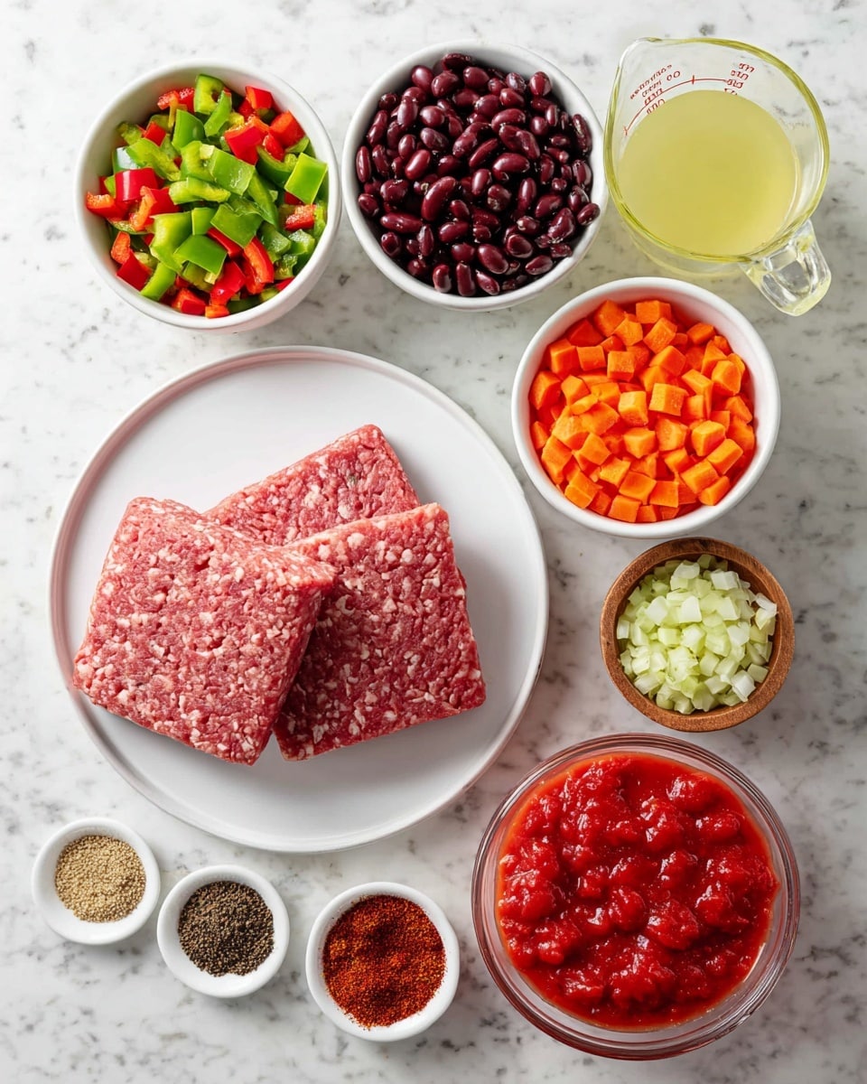 The image shows a white plate with two thick, square-shaped raw meat patties that are pink with a coarse texture, placed on the bottom left. Above and around the plate are several small white bowls filled with chopped vegetables and other ingredients: one bowl has finely diced green and red bell peppers, another has dark red kidney beans, one has black beans, another contains chopped onions, and one more bowl holds diced carrots and celery. There is also a small wooden bowl filled with minced garlic and a glass measuring cup with a light yellow liquid. In the center bottom, there is a small white plate with various ground spices in different shades of red, brown, and black. At the center right is a clear glass bowl filled with bright red crushed tomatoes. All items are placed on a white marbled surface. photo taken with an iphone --ar 4:5 --v 7