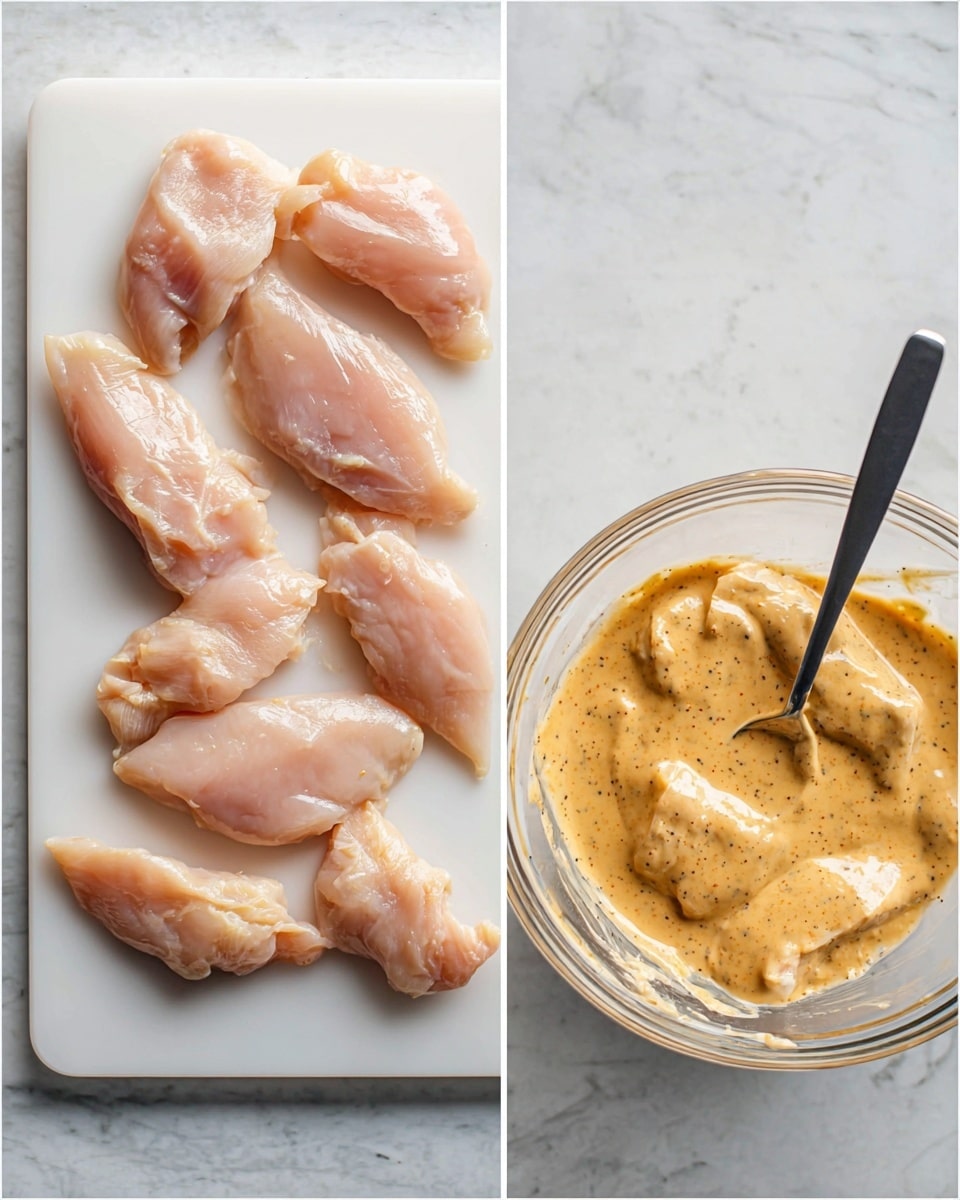 The left side shows eight raw, pale pink chicken pieces laid out in two rows on a white cutting board with a smooth texture, all slightly moist and shiny. On the right side, there's a clear glass bowl filled with several pieces of chicken coated in a creamy light orange sauce, thick and smooth, with some black specks visible, stirred by a black spoon resting inside the bowl. Both images have a white marbled textured surface underneath. Photo taken with an iphone --ar 4:5 --v 7