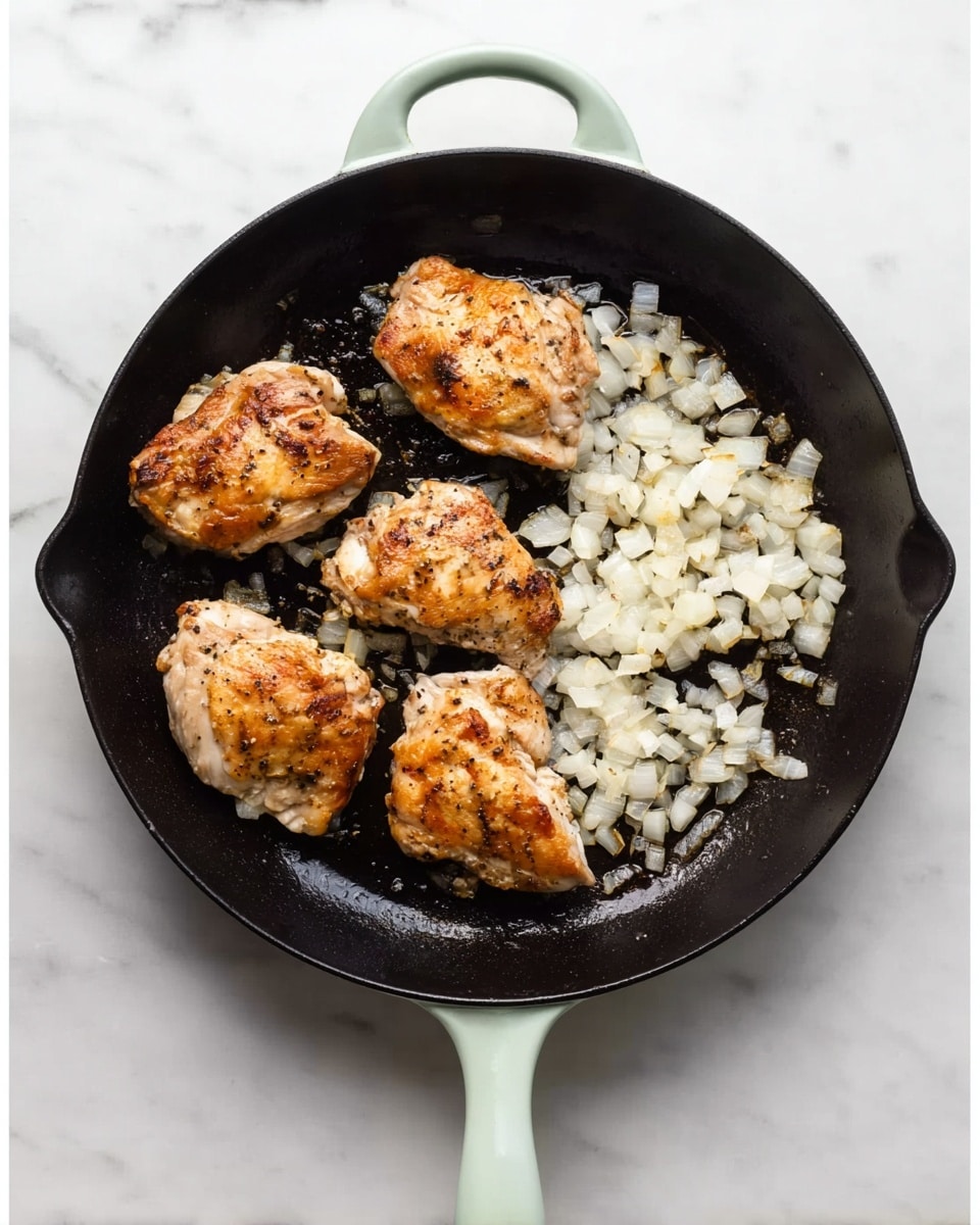 A black skillet with a light green handle sits on a white marbled surface. The skillet contains four cooked pieces of light golden-brown meat, each showing a slightly crispy texture with some darker spots and seasoning visible, arranged in a way that they almost fill the pan. In the second image, the same skillet is shown with a layer of small, white, chopped onion pieces spread evenly across the bottom, showing a mix of translucent and raw white tones. The pan interior has a slightly worn look with some darker spots beneath the onions. Photo taken with an iphone --ar 4:5 --v 7
