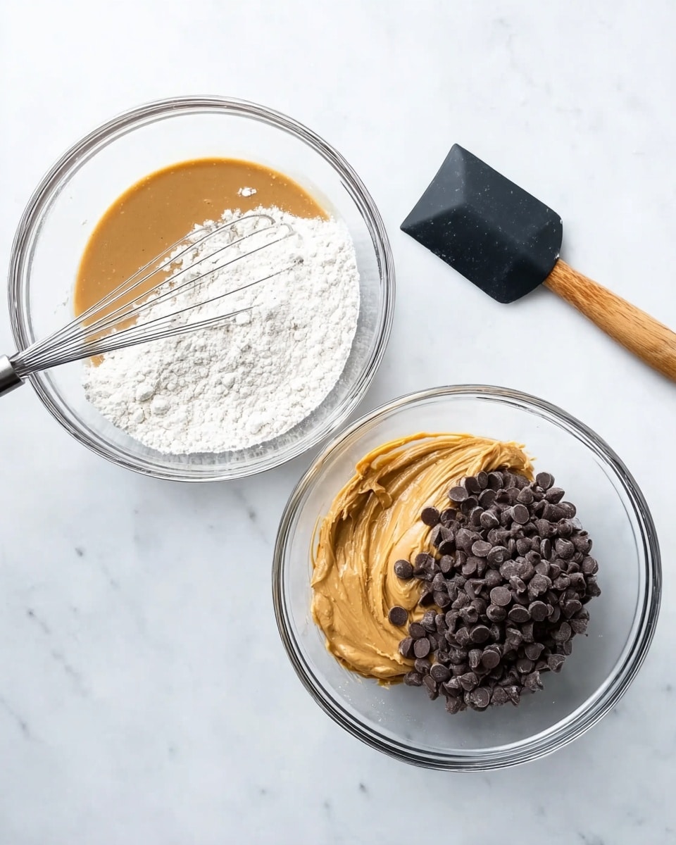 The image shows two clear glass bowls on a white marbled surface. The left bowl has a smooth, light brown liquid layer at the bottom with a thick layer of white flour on top. A metal whisk is partially inside the bowl, resting on the flour. The right bowl contains a creamy light brown peanut butter layer spread flat at the bottom, topped with a pile of dark brown chocolate chips covering half the surface. A black silicone spatula with a wooden handle is placed above the bowl on the surface. photo taken with an iphone --ar 4:5 --v 7