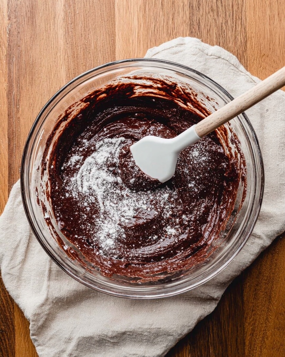 A clear glass bowl sits on a wooden table next to a light beige cloth napkin. Inside the bowl, there is dark brown chocolate batter with a thick and smooth texture, sprinkled lightly with white flour powder on top. A white spatula is partially dipped into the batter, mixing it gently. The glass bowl shows some streaks of batter on the sides. photo taken with an iphone --ar 4:5 --v 7