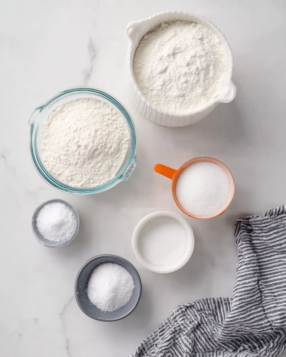 The image shows six measuring cups filled with baking ingredients placed on a white marbled surface. Starting from the top, there is a white cup with a textured white powder, likely sugar or flour. Below it to the left, a clear glass cup filled with a fine white powder, probably flour. To the right, a small white cup with what looks like salt. Below that, a white cup filled with white granulated sugar. To the left, a small gray bowl with a small mound of white powder, likely baking powder or baking soda. A gray striped cloth is seen partially on the right side. The arrangement is neat and spaced out with clean lines. photo taken with an iphone --ar 4:5 --v 7