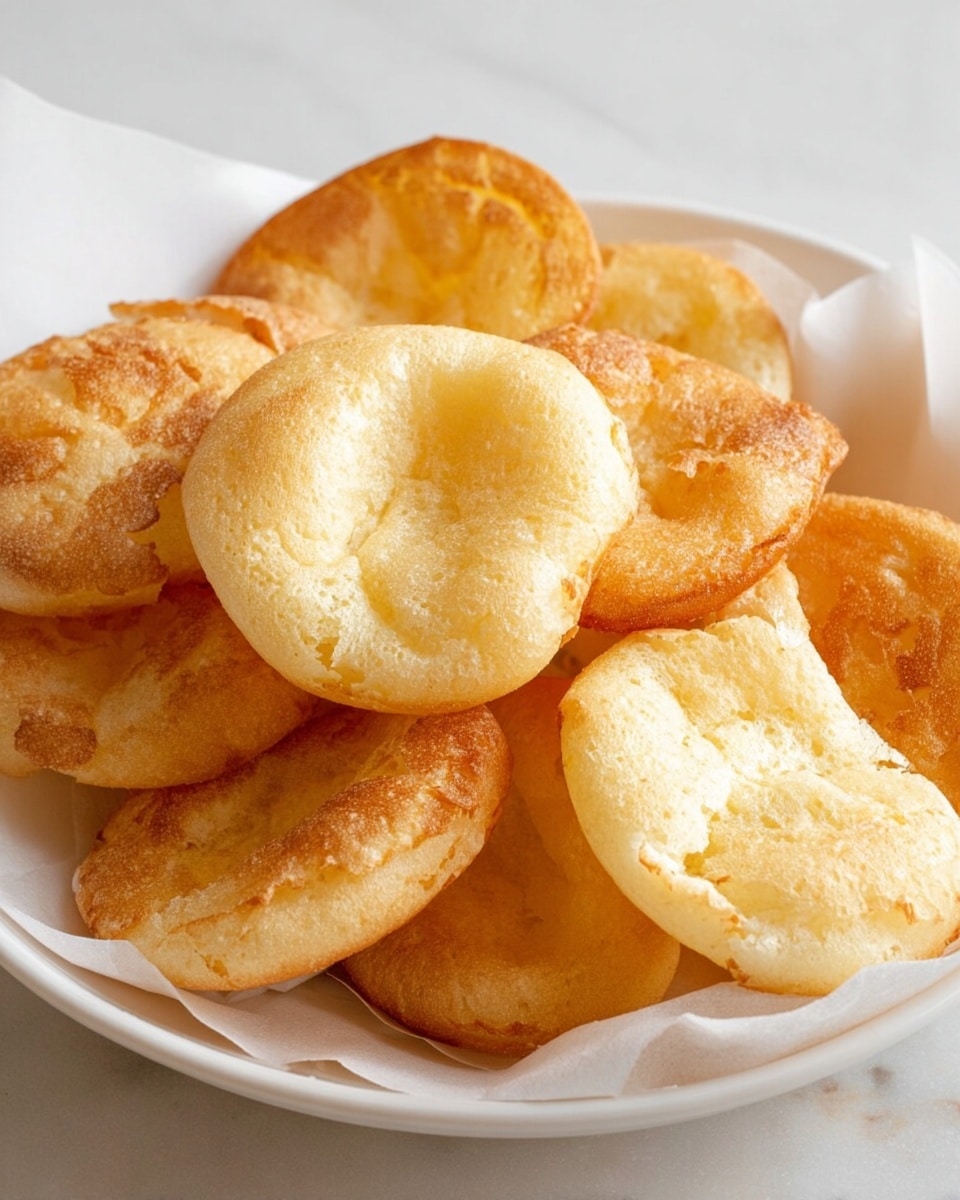 The image shows a pile of golden brown puffed bread rounds on a white plate lined with white paper. The bread pieces are round and have a light, airy texture with some of them showing cracks and hollow spaces inside. The colors vary from light yellow to medium golden brown, showing the crispy and soft texture of the bread. The plate sits on a white marbled surface. photo taken with an iphone --ar 4:5 --v 7