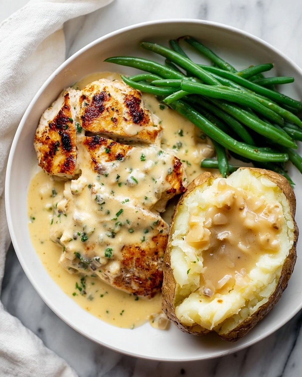 A white round plate holds a meal with three main parts on a white marbled surface. On the left, two pieces of grilled chicken are covered with a creamy, pale yellow sauce sprinkled with small green herbs. In the middle top part of the plate, there is a small bunch of bright green cooked green beans placed neatly side by side. On the right side, a baked potato is split open, showing soft, fluffy white inside topped with creamy light brown gravy sauce that has small bits in it. The overall look is warm and inviting with a mix of smooth, creamy, and lightly charred textures. photo taken with an iphone --ar 4:5 --v 7