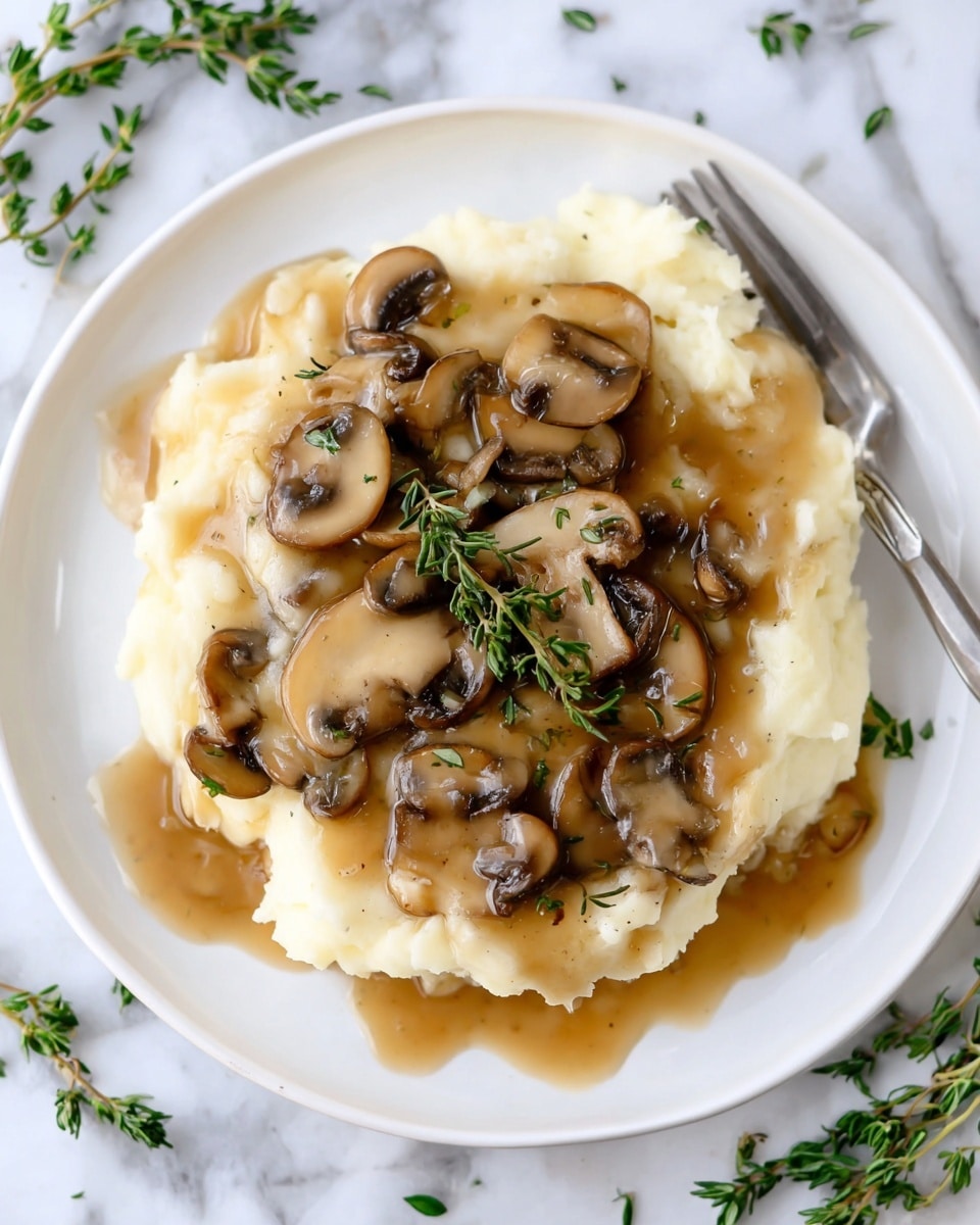 The image shows a white plate with a thick layer of creamy white mashed potatoes spread in the center. On top, there is a generous layer of light brown mushroom gravy with visible slices of different mushrooms, ranging from light tan to dark brown. The gravy looks smooth and slightly glossy. A small green sprig of thyme decorates the center. To the side of the plate, part of a silver fork is visible resting on the edge. The white plate is placed on a white marbled surface with some green herb leaves scattered around. photo taken with an iphone --ar 4:5 --v 7