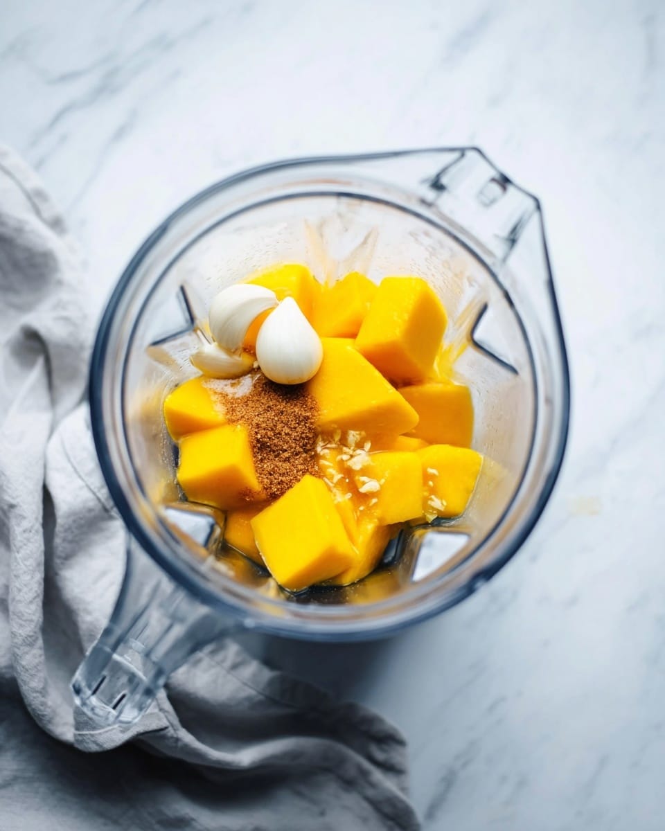 Inside a clear blender container, there are several bright yellow-orange chunks of fruit, likely mangoes, forming the bottom layer. On top of this, there are two white garlic cloves placed close together, with a small heap of brown sugar and some golden liquid, probably oil or syrup, scattered around. The blender is set on a white marbled surface, with a soft, light gray cloth folded and lying nearby. The scene has a fresh and clean look. photo taken with an iphone --ar 4:5 --v 7