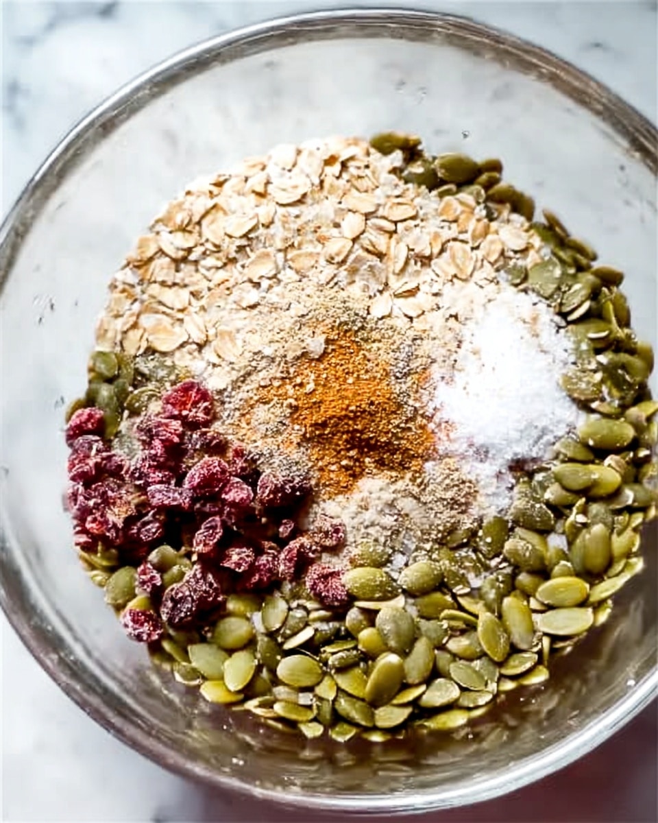 A clear glass bowl sits on a white marbled surface filled with green pumpkin seeds covering the bottom layer. On top of the seeds, there is a layer of light brown oats spread unevenly. Over the oats, there is a small pile of red dried berries clustered together. The top layer contains white granulated salt and a sprinkle of spices showing a mix of light brown and orange colors, all sitting in the center of the bowl. Photo taken with an iphone --ar 4:5 --v 7