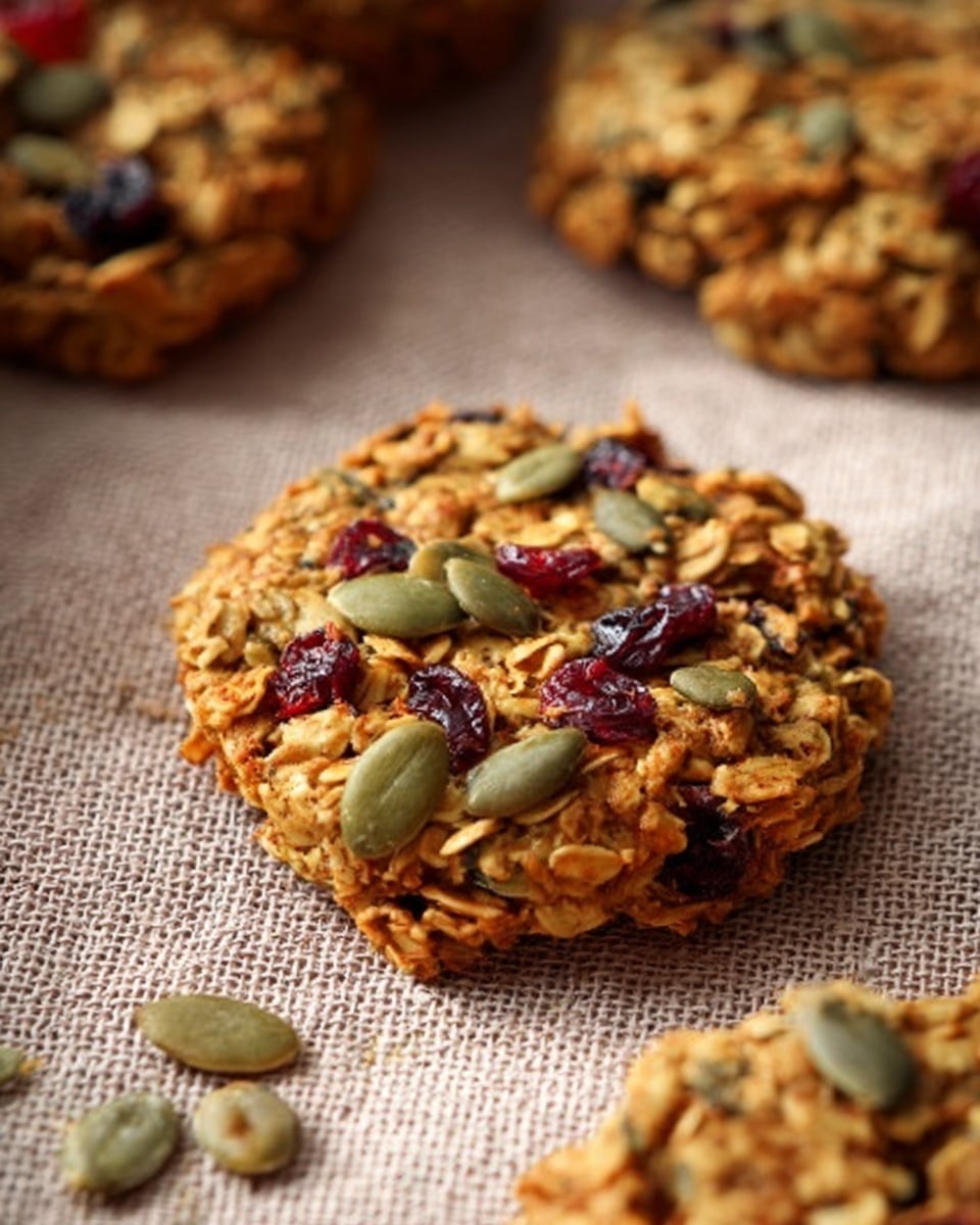 A close-up view of a single round granola cookie placed on a light brown textured fabric surface. The cookie is made of oat flakes that form the base layer, mixed with pumpkin seeds showing a green color, and dried cranberries scattered throughout adding red spots. The texture looks chunky and slightly rough from the oats and seeds, with pieces sticking out unevenly around the edges. In the blurred background, more similar granola cookies are visible. Photo taken with an iphone --ar 4:5 --v 7