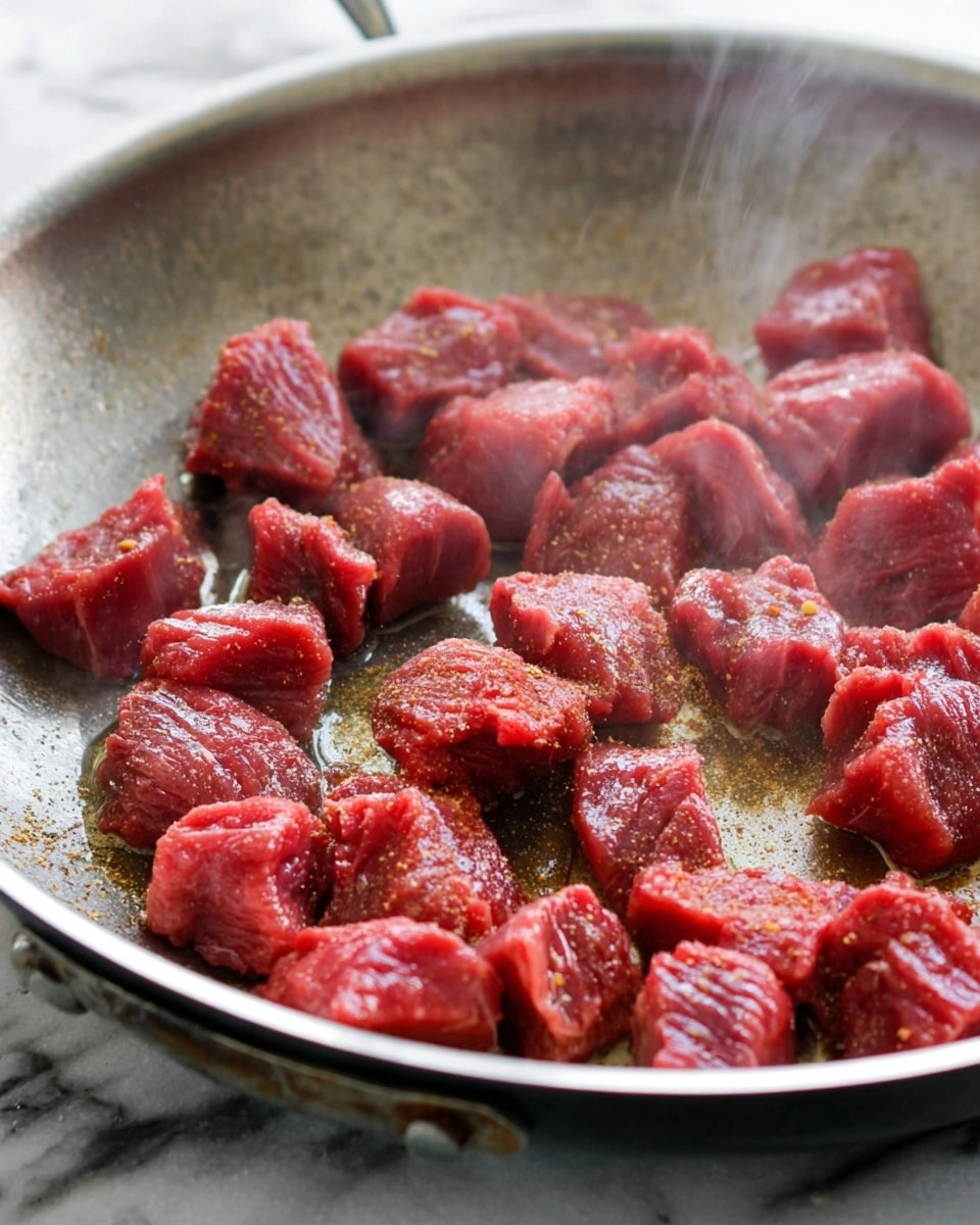 Small, uneven chunks of raw red meat are spread across a silver metal frying pan with some brown seasoning visible on the meat. Light steam rises from the meat as it cooks in a thin layer of oil that glistens on the pan's surface. The pan is slightly worn with a smooth texture and small dark spots. The background shows a white marbled texture slightly out of focus. photo taken with an iphone --ar 4:5 --v 7