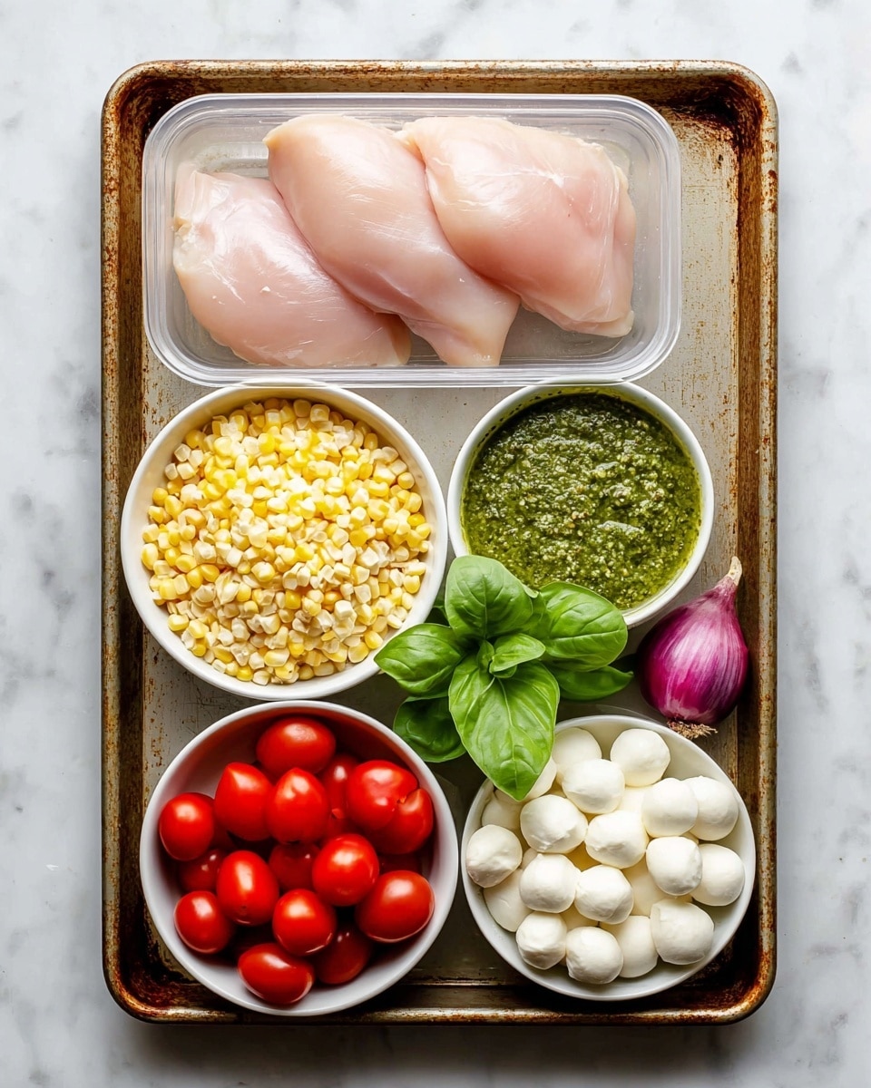 The image shows a rusty metal tray on a white marbled surface with six main food items arranged neatly. At the top center in a clear plastic container, there are three large pieces of raw light pink chicken with smooth texture. Below that, in a white bowl on the left, is a pile of yellow and white corn kernels. In the middle, a white bowl holds a green pesto sauce with a thick, rough texture. To the right of the pesto, fresh whole green basil leaves sit loose on the tray. On the bottom left, a white bowl is filled with bright red cherry tomatoes that have shiny smooth skins. Next to it, on the right, another white bowl contains many small, round white balls of mozzarella cheese with a soft texture. A purple shallot and a small garlic clove lie next to the basil on the right edge of the tray. Photo taken with an iphone --ar 4:5 --v 7