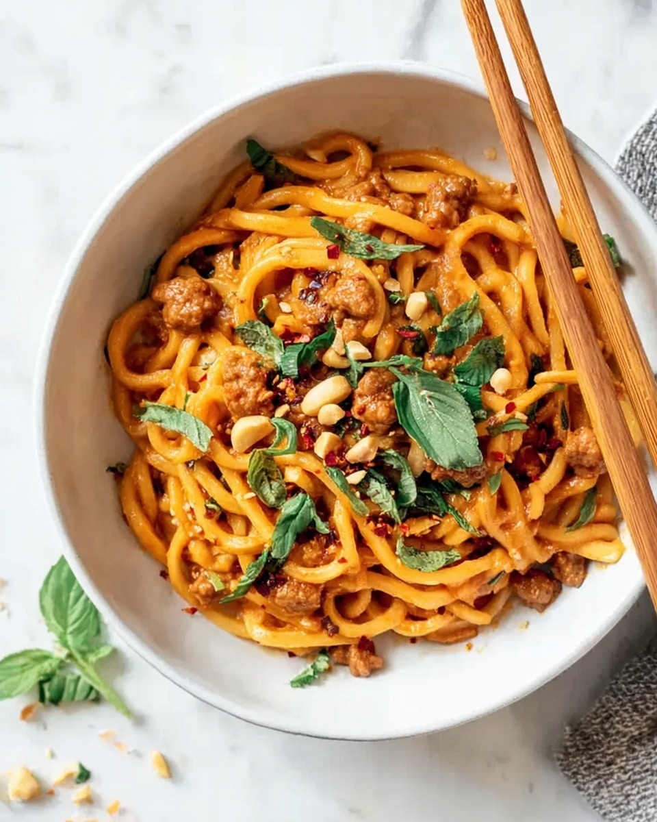 A white bowl filled with a dish of thick, orange-colored noodles covered in a rich sauce. On top, there are small pieces of cooked meat with a golden brown color, mixed with fresh green basil leaves and sprinkled with crushed red pepper flakes. Light green herbs and pine nuts are scattered over the noodles, adding texture. Wooden chopsticks rest on the edge of the bowl, and the bowl is placed on a white marbled surface with some scattered herbs around. Photo taken with an iphone --ar 4:5 --v 7