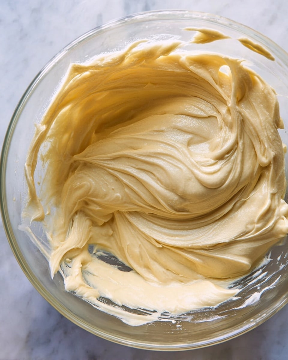 A glass bowl filled with smooth, creamy, light yellow batter, with swirls and soft folds showing a thick texture; some batter is spread along the upper inside edges of the bowl, highlighting its creamy consistency. The bowl is placed on a white marbled surface. photo taken with an iphone --ar 4:5 --v 7