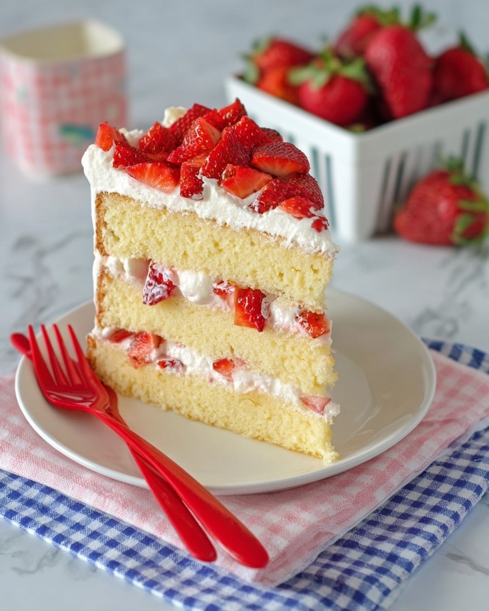 A tall slice of three-layer vanilla sponge cake sits on a white plate over a blue and white checkered plate on a white marbled surface. Each cake layer is light yellow with a soft, airy texture. Between the three layers, there is white cream with small pieces of red strawberry mixed in. The top layer of the cake is covered with white cream and topped with many chopped, bright red strawberries. Two red forks lay beside the plate on the table. In the background, there is a white square container filled with whole strawberries. Photo taken with an iphone --ar 4:5 --v 7