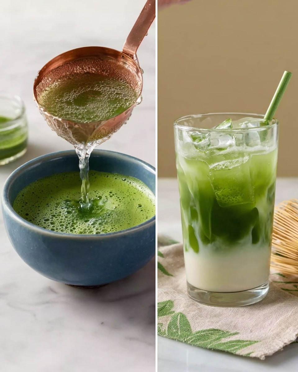 The image shows two scenes side by side on a white marbled surface: on the left, a blue bowl filled with thick, vibrant green matcha tea is being poured into by a copper measuring spoon holding clear water, with ripples and bubbles visible on the surface; on the right, a tall clear glass contains a layered drink with creamy white milk on the bottom and rich green matcha tea floating on top, separated clearly, with ice cubes visible inside and a green straw sticking out, next to a beige cloth with a leaf pattern and a green bamboo whisk in the background, photo taken with an iphone --ar 4:5 --v 7