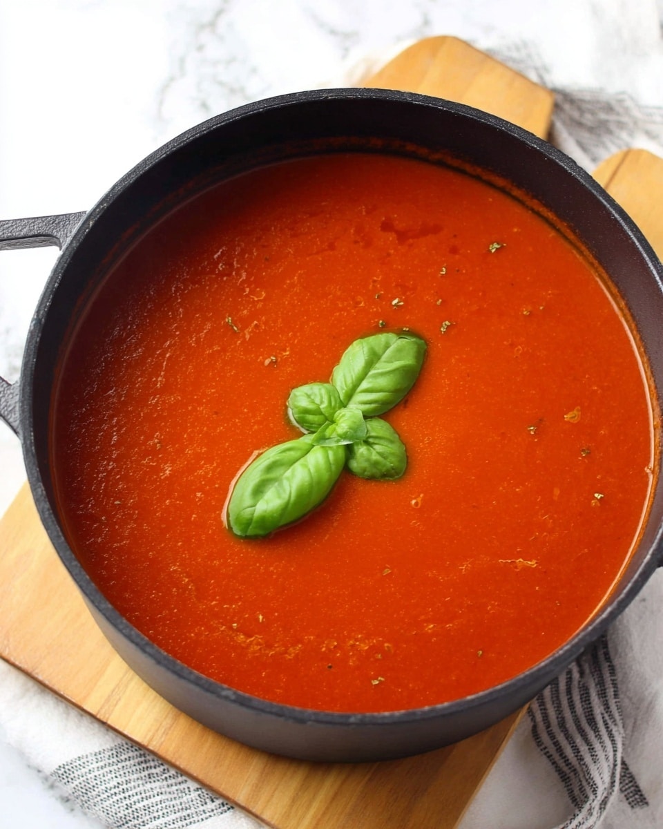 A large black pot filled with smooth, bright red tomato soup, topped with two fresh green basil leaves in the center. The pot sits on a light wooden board placed on a white marbled surface with a partially visible white and black striped cloth under the board. The soup has a thick, even texture with tiny bits of herbs visible throughout. Photo taken with an iphone --ar 4:5 --v 7