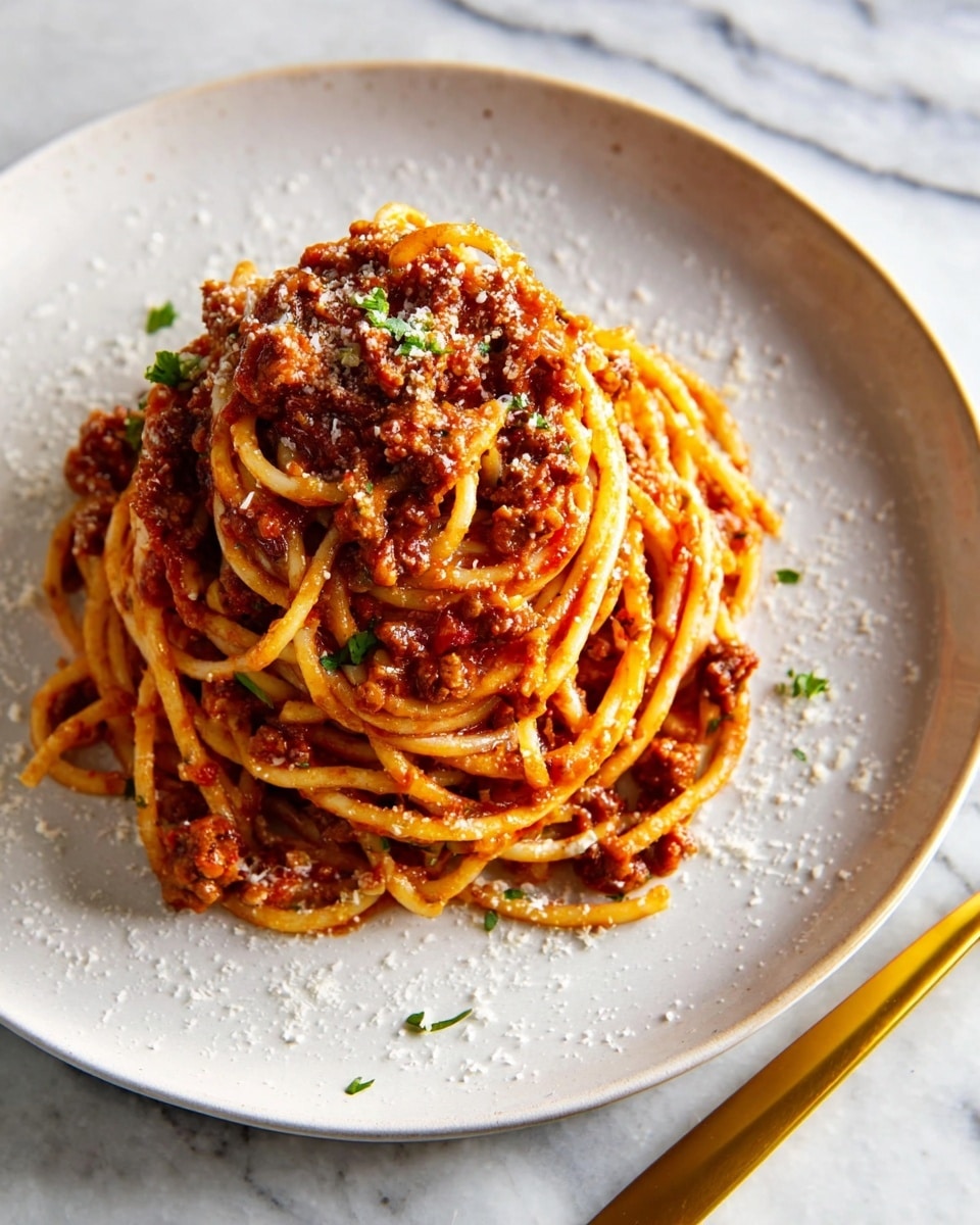 A large mound of spaghetti with thick red sauce mixed with chunks of browned meat sits at the center of a white plate. The pasta is shiny and smooth, twisted into a round pile with strands looping around each other. The sauce is scattered unevenly throughout the pasta, giving a rich red and brown color contrast. Small sprinkles of white grated cheese are spread across the spaghetti and a few little green herb bits add a touch of color. The plate rests on a white marbled surface with a golden fork lying beside it on the right side. Photo taken with an iphone --ar 4:5 --v 7