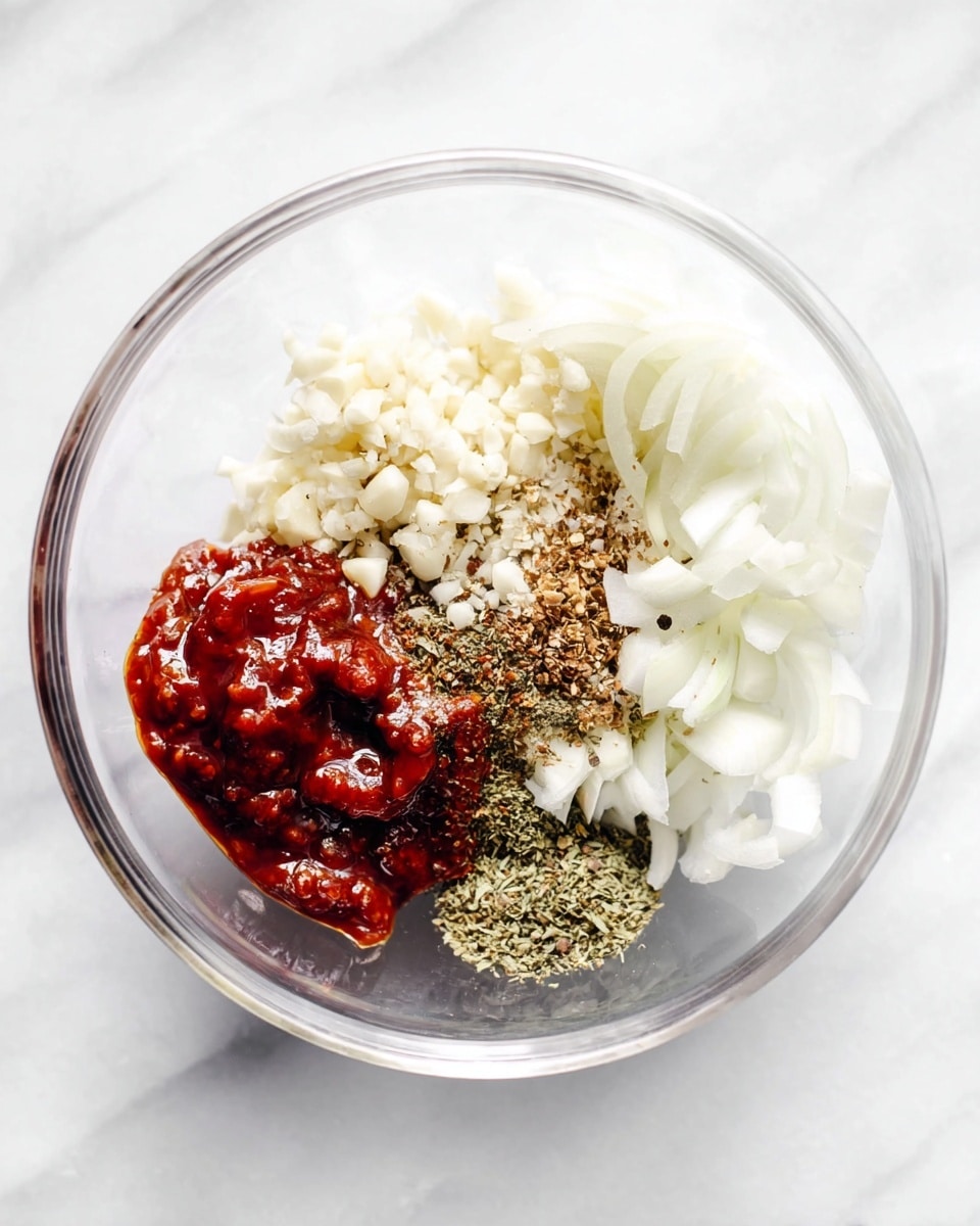 In a clear bowl on a white marbled surface, there are six layers of ingredients arranged in separate piles: at the top left, finely chopped garlic pieces in a soft white color; next to it on the right, thinly sliced white onion rings; below the onion, a small pile of light green dried oregano leaves; beside oregano, white salt and a pile of greenish-brown ground spices, possibly cumin and pepper; and at the bottom left, bright red, glossy chili paste with visible seeds, glistening with moisture. The image shows a close view from above, highlighting the textures and colors of each ingredient. Photo taken with an iphone --ar 4:5 --v 7