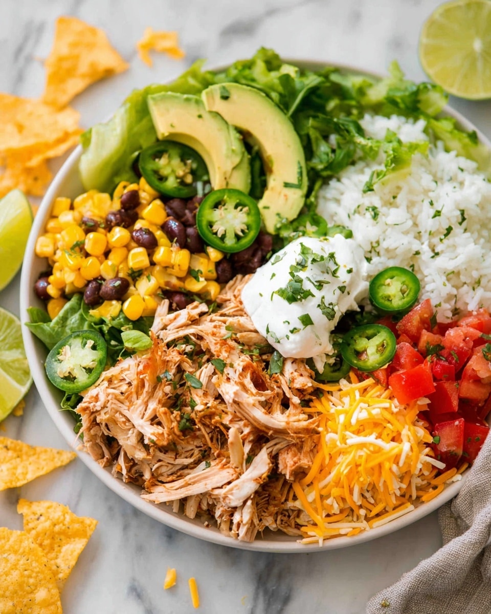 This bowl has 7 main parts arranged in sections on a white plate sitting on a white marbled surface. Starting from the top and moving clockwise, there is white rice with some green herbs sprinkled on it, bright shredded chicken mixed with yellow corn and black beans, bright red chopped tomatoes, light green chunks of avocado, orange and white shredded cheese, fresh green leafy lettuce, and a dollop of white sour cream with small green herb pieces on top. Slices of green jalapeño peppers are placed in the center near the sour cream and chicken. There are also lime wedges placed near the rice and chicken. Some scattered broken yellow tortilla chips and jalapeño slices appear on the white marbled surface around the plate. Photo taken with an iphone --ar 4:5 --v 7
