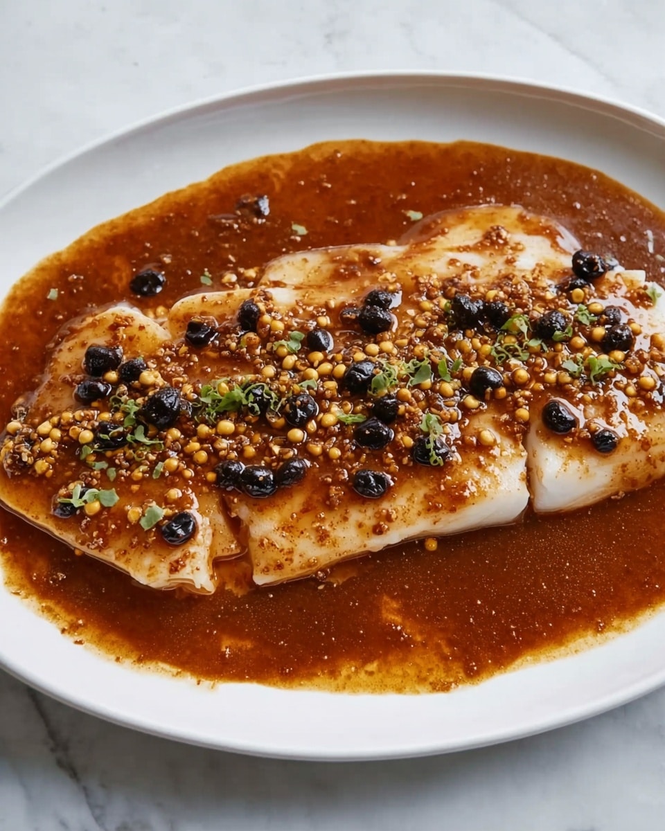 A white oval plate holds a single piece of pale fish covered with a thick, shiny brown sauce spread unevenly on top, scattered with small dark black beans and light yellow crushed nuts or seeds. The plate rests on a white marbled surface. photo taken with an iphone --ar 4:5 --v 7