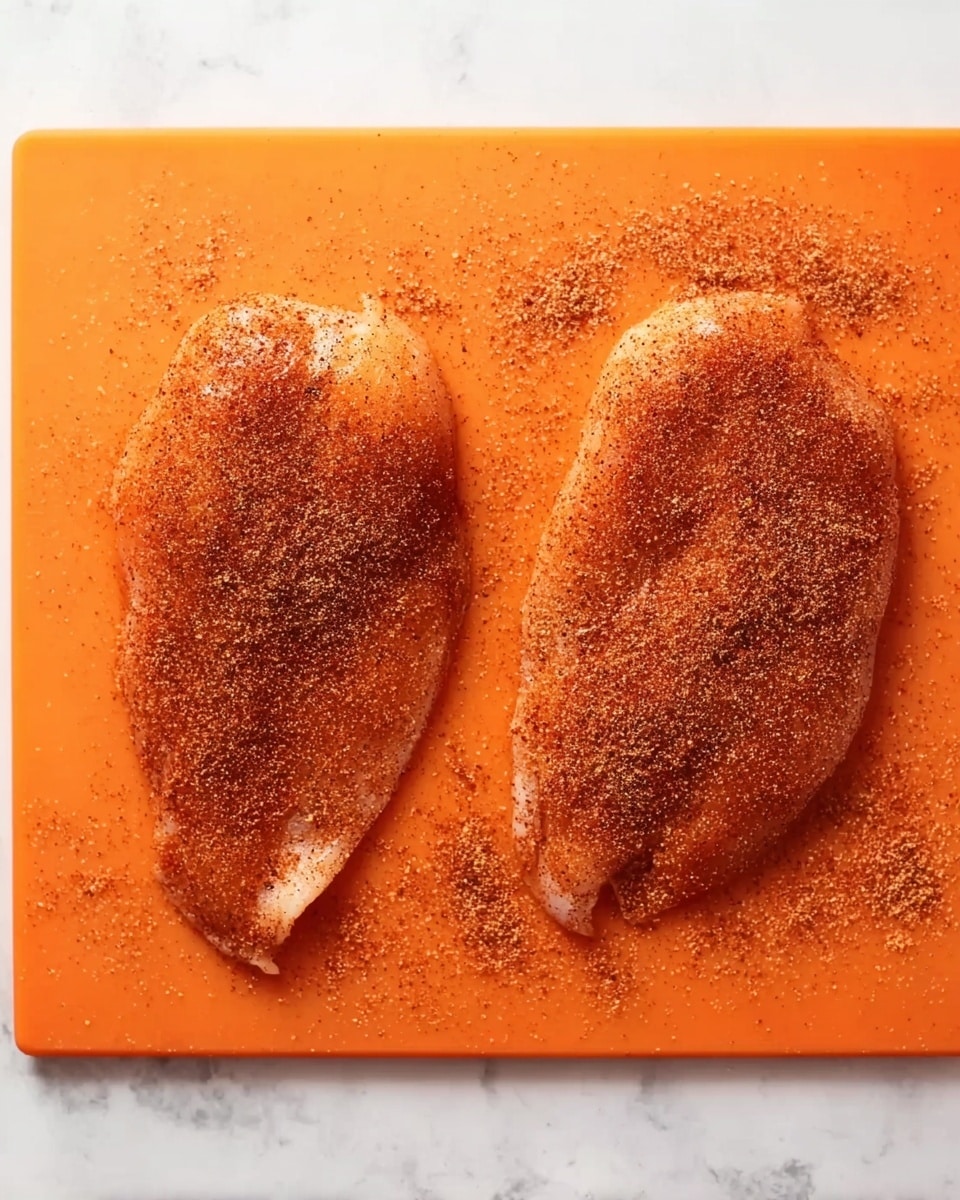 Two raw chicken fillets are laid side by side on an orange cutting board. Both fillets are covered with a reddish-brown spice mix, evenly spread across the surface and slightly scattered around the fillets on the board. The texture of the chicken is smooth where visible beneath the spices. The orange cutting board sits on a white marbled surface. photo taken with an iphone --ar 4:5 --v 7