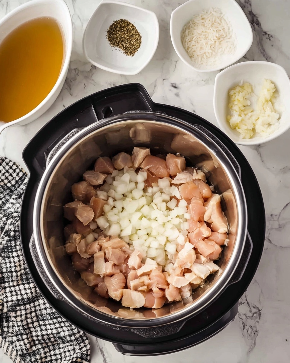 The image shows an open black pressure cooker with a shiny silver inside filled with two layers: the bottom layer is diced raw chicken pieces in light pink color, and the top layer is chopped white onions scattered across the chicken. Around the cooker, on a white marbled surface, there are four small white square dishes containing minced garlic, ground black pepper, salt, and uncooked white rice, along with a white oval dish filled with a light brown liquid, possibly broth. There is also a black and white checkered cloth partially visible at the bottom. photo taken with an iphone --ar 4:5 --v 7
