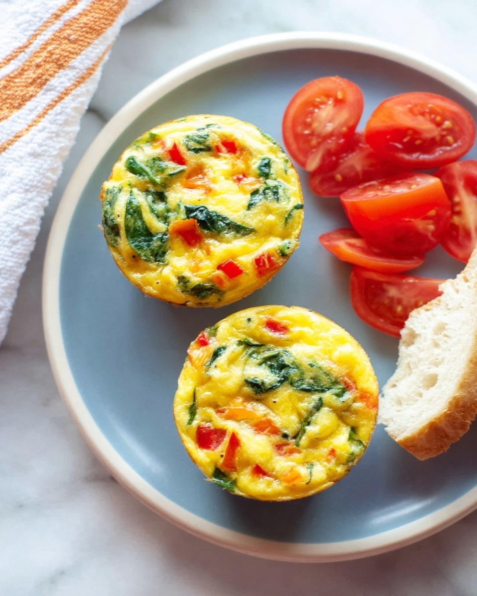 Two small egg muffins sit on a smooth white plate, each filled with visible pieces of red pepper and green spinach leaves mixed into the yellow egg base, showing a soft but firm texture. On the right side of the plate, there are small, juicy red tomato slices arranged neatly, next to a piece of light golden-brown bread with a soft and fluffy texture. The plate rests on a white marbled surface, and a bit of a white cloth with orange stripes is visible in the top left corner. The photo taken with an iphone --ar 4:5 --v 7