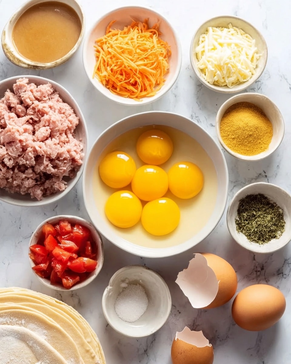A white bowl filled with seven raw eggs with bright yellow yolks and clear egg whites sits in the center on a white marbled surface. Surrounding it are small white bowls with diced red tomatoes, shredded orange cheese, chopped white onions, and ground light pink meat. Other bowls hold a yellow powder, coarse salt, mixed herbs, and a light brown sauce. Two cracked brown eggshells rest to the right, and a small stack of light beige pie crusts is in the bottom left corner. The scene is bright and clean. Photo taken with an iphone --ar 4:5 --v 7
