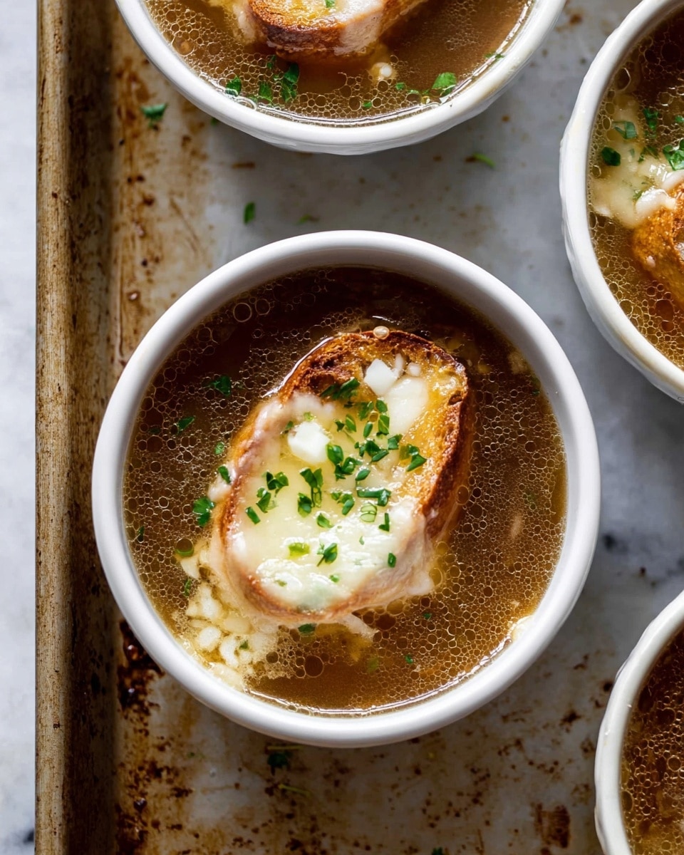 A filled white bowl on a white marbled surface holds a clear brown soup with small bubbles on the surface. Inside the soup, there is a piece of toasted bread with a crispy brown edge, partially covered with melted white cheese. Green chopped herbs are sprinkled over the cheese and floating on the soup. The bowl is part of several similar bowls visible in the image, placed on a baking tray with visible dark spots and marks. photo taken with an iphone --ar 4:5 --v 7