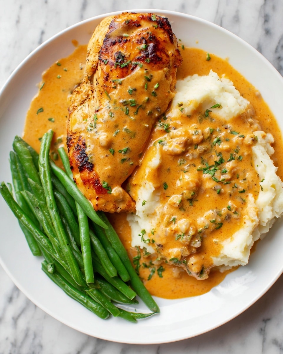 A white plate holds a meal with three main parts: on the top left, a single golden-brown grilled chicken piece with a slightly charred texture covered in a thick orange creamy sauce with small bits and green herb sprinkles on top; to the right of the chicken, a generous serving of soft white mashed potatoes covered by the same orange sauce with bits and herbs, some sauce spilling onto the plate; and at the bottom left, a neat stack of vibrant green beans lightly drizzled with the orange sauce, all set on a white marbled surface. photo taken with an iphone --ar 4:5 --v 7