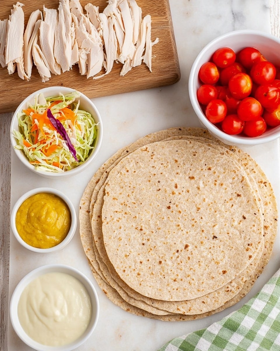 The image shows a stack of four round, light brown whole grain tortillas with visible seeds on the surface, placed on a white marbled background. To the right of the tortillas, there is a white bowl filled with bright red, halved cherry tomatoes. Above the tortillas, there is a small wooden cutting board holding thinly sliced light beige cooked chicken arranged in two neat rows. Below the tortillas, there are three small white bowls: one contains a smooth yellow mustard sauce, another is filled with a mix of shredded green cabbage, orange carrots, and a few purple strands, and the last bowl holds a white creamy sauce. The corner of a green and white checkered cloth is visible at the bottom right. Photo taken with an iphone --ar 4:5 --v 7
