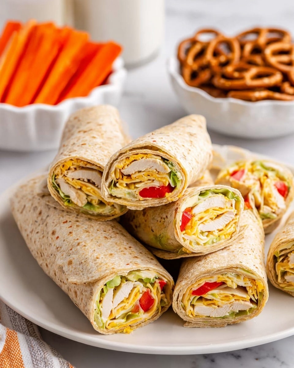 A white plate on a white marbled surface holds several whole wraps and smaller wrap pieces arranged around them. The wraps have a light brown, speckled tortilla outer layer. Inside, you see layers of white chicken meat, shredded yellow cheese, light green lettuce, thin orange carrot strips, and bright red bell pepper pieces visible in the cut ends. In the background, there are white bowls filled with orange baby carrots and brown pretzel sticks. The scene is bright and clear, showing fresh and colorful veggies in the wraps. photo taken with an iphone --ar 4:5 --v 7