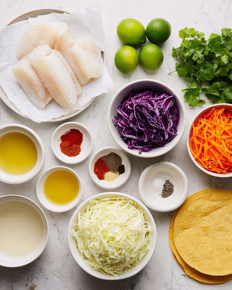 The image shows cooking ingredients placed on a white marbled surface. There is a white plate with raw fish fillets on white paper at the top left. Around this, there are whole green limes, a white round bowl with shredded light yellow cabbage, another white round bowl with shredded purple cabbage, and a white round bowl with shredded orange carrots. Near the center are small white dishes containing various spices: one has its contents in red powder, another is filled with a mix of spices in brown, black, red, white, and beige colors, and one small dish holds coarse salt and pepper. There are also small white bowls with oil and light golden liquid. At the bottom left, a white bowl contains a pale creamy substance, and fresh cilantro leaves are near the spices. A small stack of yellow corn tortillas rests on the right bottom side. Photo taken with an iphone --ar 4:5 --v 7