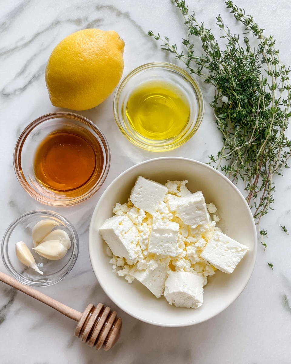 The image shows a white bowl in the center filled with large white curd-like cheese pieces that have a crumbly texture. Around it, there are smaller clear glass bowls containing golden yellow olive oil and light brown honey with a wooden honey dipper resting inside. Another small bowl holds two cloves of peeled garlic, visible by their smooth white surface. To the left, there is a bright yellow lemon with a slightly rough texture. Fresh green herb sprigs with fine leaflets, most likely dill and thyme, lay on the right side. All ingredients are arranged on a white marbled surface, creating a clean and fresh look. Photo taken with an iphone --ar 4:5 --v 7