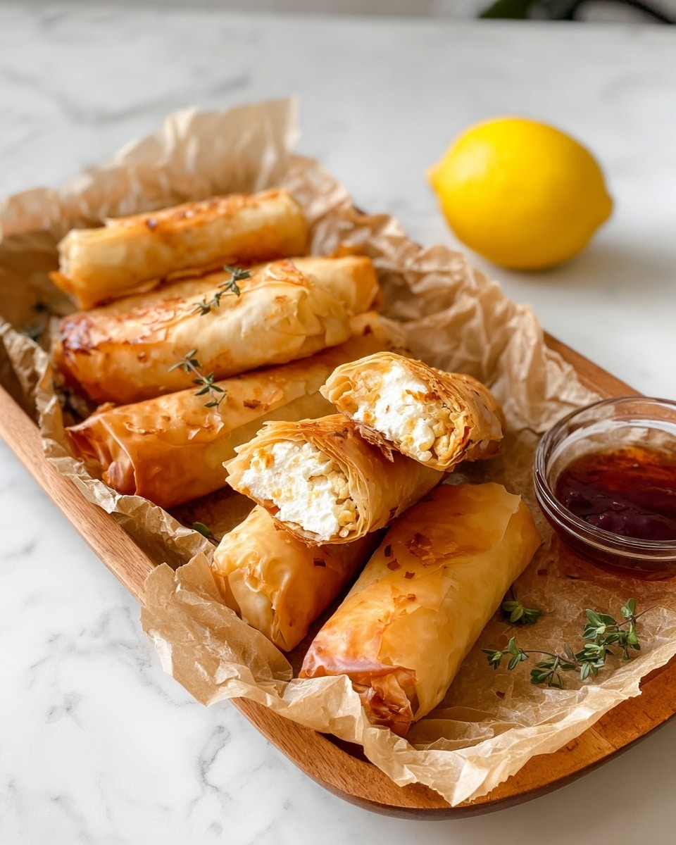 A wooden tray lined with crinkled parchment paper holds seven golden brown filo pastry rolls, each with a crispy and flaky texture. One roll is cut in half and stacked on top of another, showing a creamy white filling inside. Small green sprigs are placed on top of and around the rolls for garnish. A small glass bowl with a dark red sauce is placed on the right side of the tray, and a whole yellow lemon is in the background on a white marbled surface. photo taken with an iphone --ar 4:5 --v 7