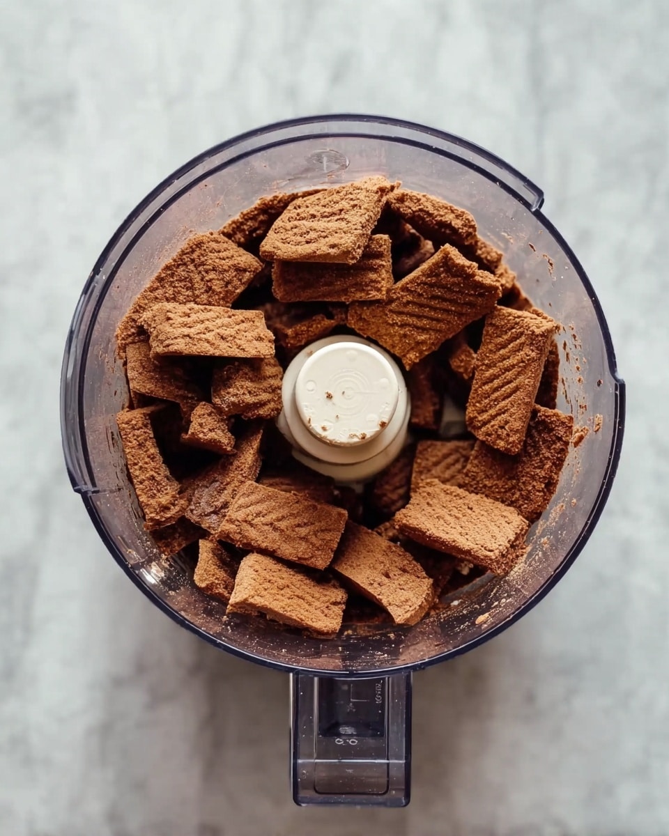 A top view of a food processor filled with a single layer of broken rectangular brown cookies, showing their textured surface and edges clearly inside a clear plastic bowl. The white marbled surface underneath the processor contrasts softly. photo taken with an iphone --ar 4:5 --v 7