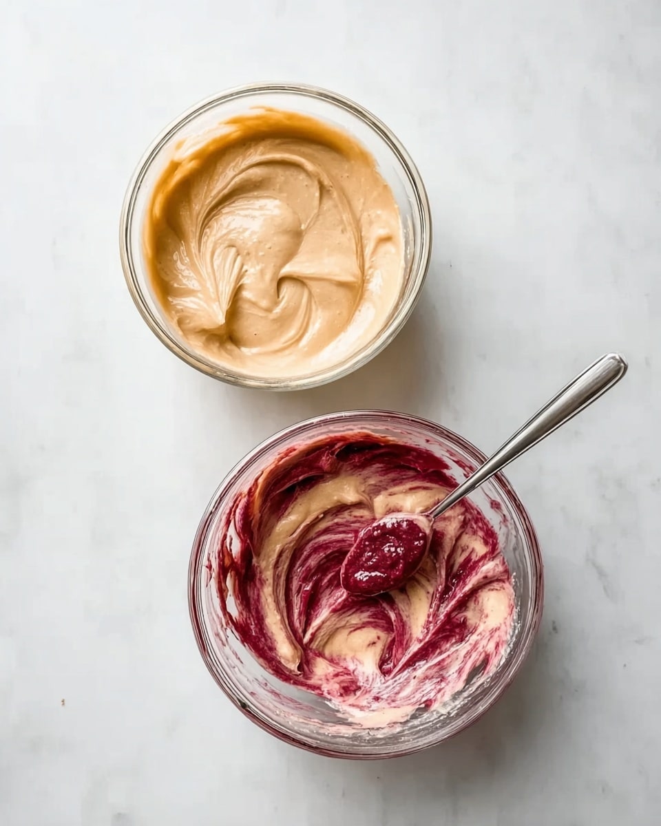 The image shows two clear glass bowls on a white marbled surface; the top bowl contains a smooth light beige creamy mixture with swirled texture, while the bottom bowl holds a creamy mixture combining light beige with deep red swirls, creating a marbled effect, and a spoon resting inside the bowl. photo taken with an iphone --ar 4:5 --v 7