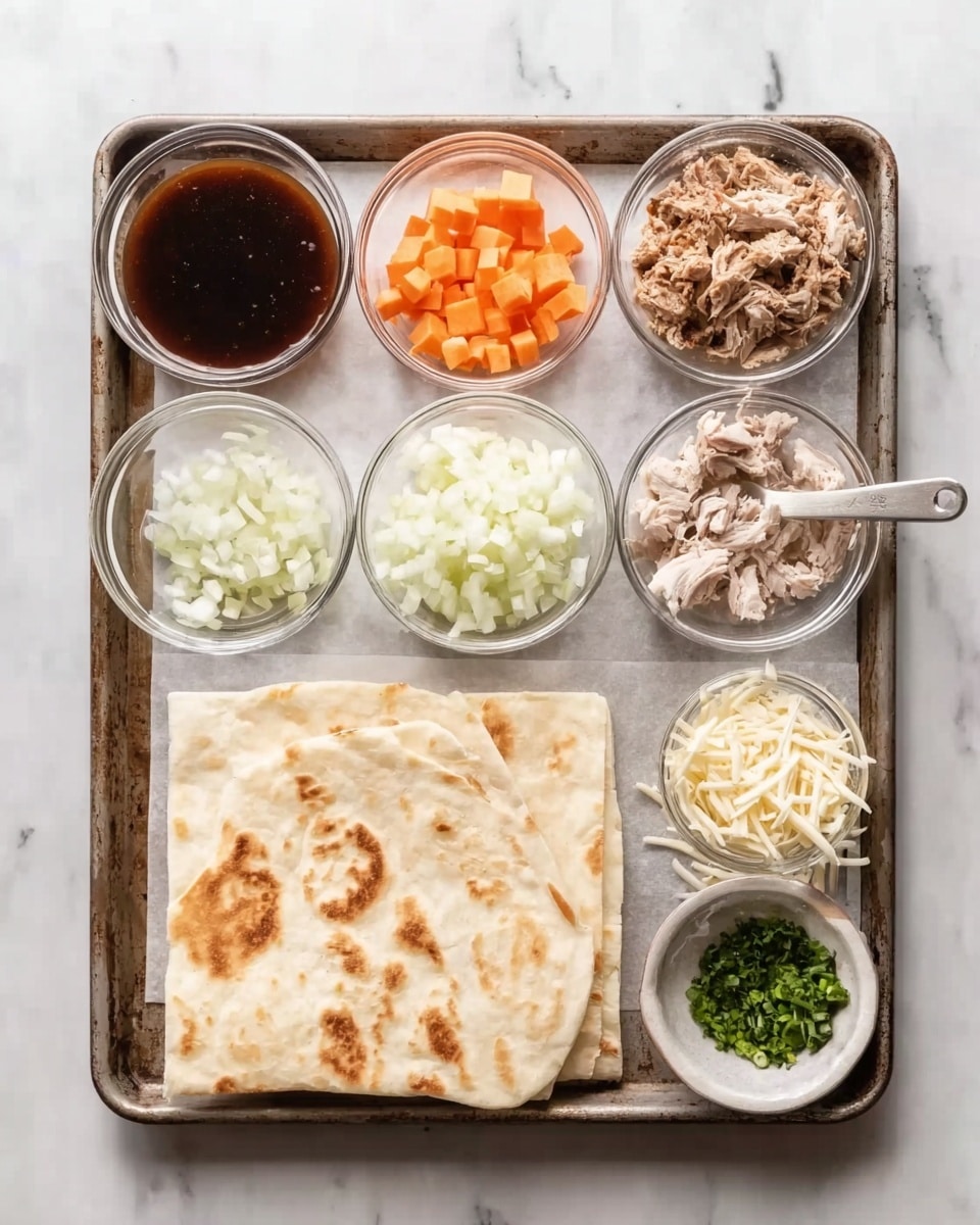 The image shows a baking tray on a white marbled surface. On the tray, there is a square piece of flatbread placed in the bottom left corner. Around the flatbread, there are six clear glass bowls containing different ingredients: a dark brown sauce in the top left, small orange cubes above the flatbread, chopped cooked meat to the right of the orange cubes, finely sliced white onions just above the flatbread, shredded cheese in the bottom right, and chopped green herbs in a small bowl at the bottom center. Each bowl is neat and well-arranged on the tray. Photo taken with an iphone --ar 4:5 --v 7