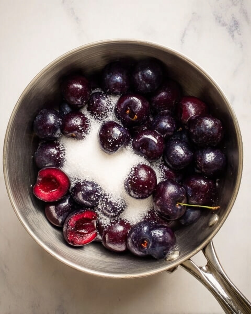A shiny silver metal pot sits on a white marbled surface, filled with a mix of deep purple cherries, some whole and some sliced open, revealing their rich red insides. Alongside the cherries is a pile of white granulated sugar, partially mixed in, creating a contrast between the dark fruit and bright sugar crystals. The handle of the pot extends to the right side, adding to the simple kitchen scene. photo taken with an iphone --ar 4:5 --v 7