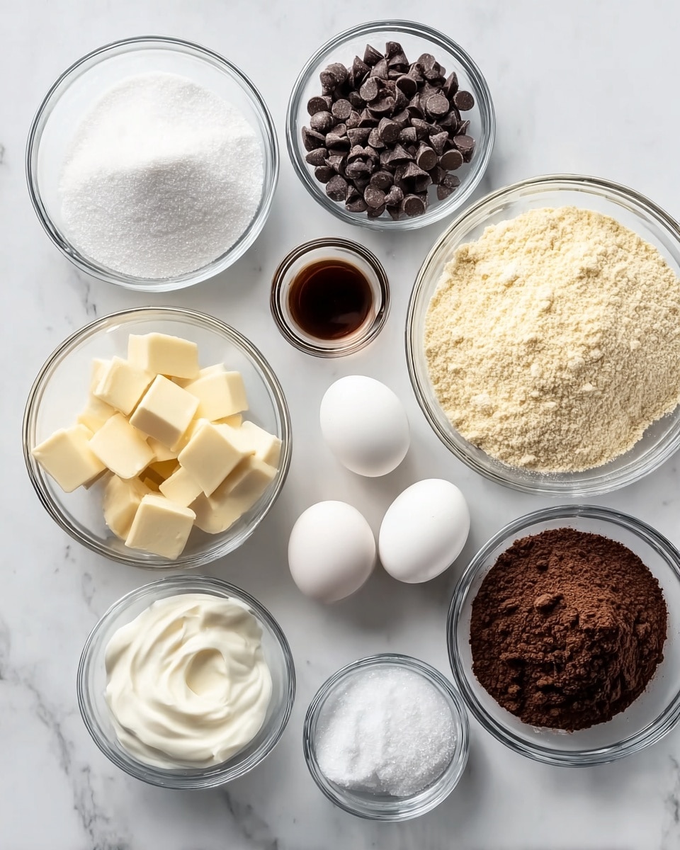 The image shows a white marbled surface with nine clear glass bowls arranged in a loose circle. Each bowl holds a different ingredient: one bowl has white granulated sugar, another with dark chocolate chips, a third with white butter cubes, a bowl filled with almond flour that is pale yellow and grainy, and another with dark brown cocoa powder. There are two whole white eggs in a bowl, a small bowl of vanilla extract which is dark brown in color, a tiny bowl filled with white salt, and a bowl with white creamy substance, likely cream or sour cream. The ingredients are neatly placed and ready for baking, photo taken with an iphone --ar 4:5 --v 7