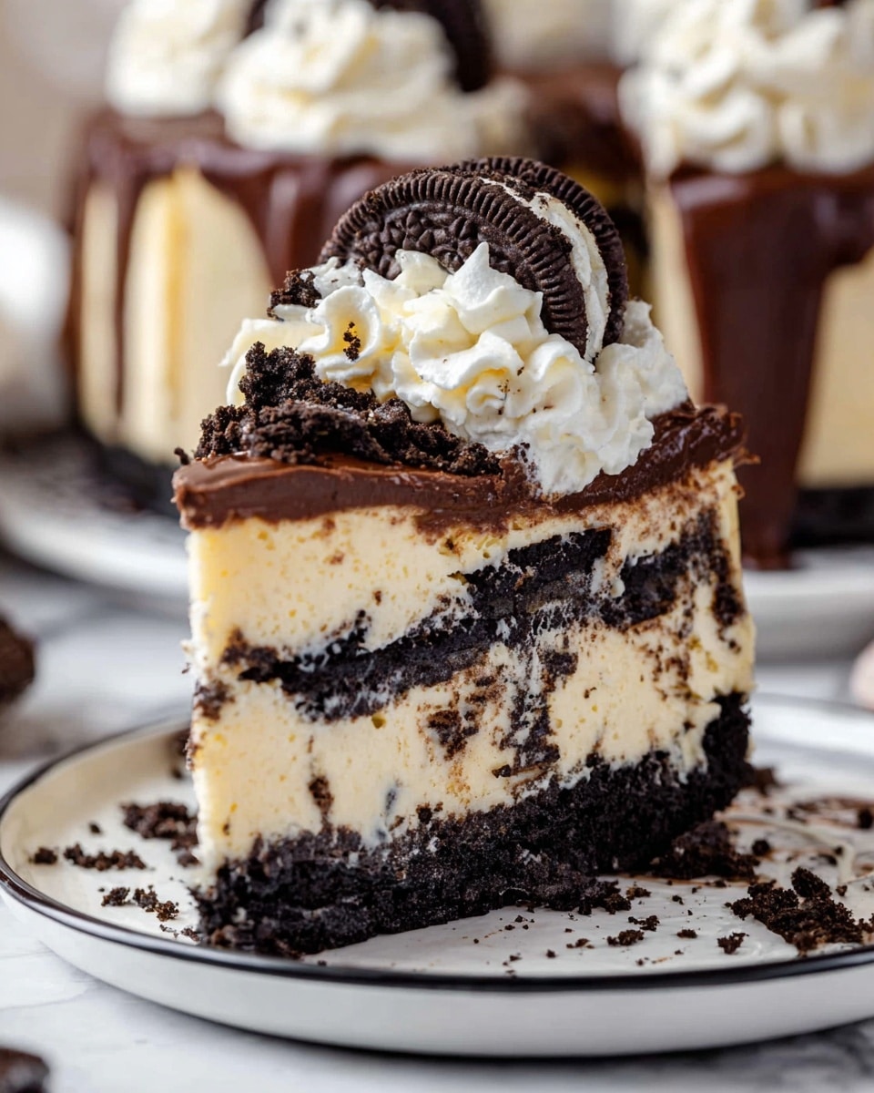 A close-up of a thick layered cheesecake slice with a dark chocolate cookie crust at the bottom, followed by two creamy layers filled with crushed dark chocolate cookies, topped with a smooth dark chocolate ganache layer. On top of the ganache, there are swirls of white whipped cream with more dark chocolate cookie pieces and halved cookies used as decoration. The slice sits on a white plate with a black rim, with some cookie crumbs scattered around, all placed on a white marbled surface. photo taken with an iphone --ar 4:5 --v 7