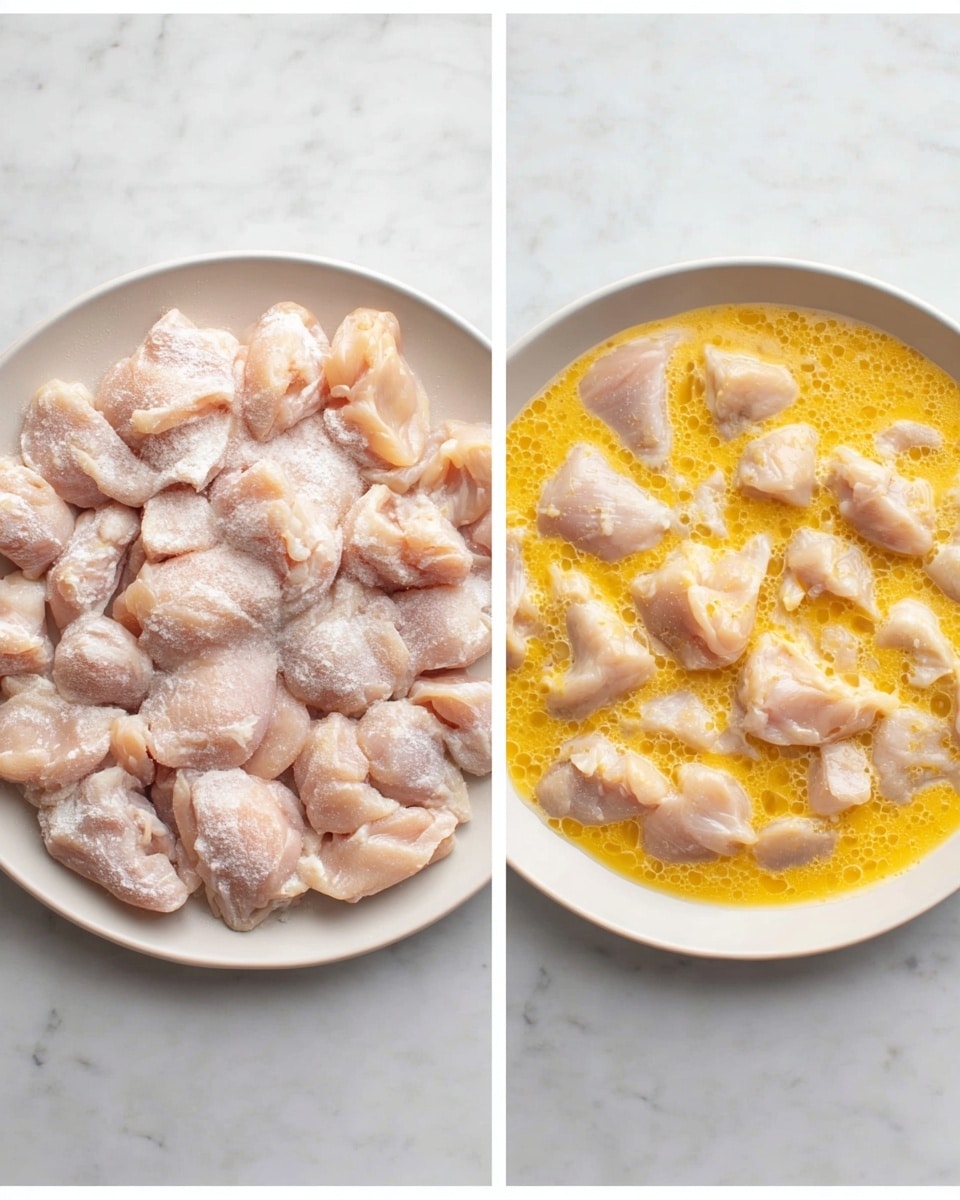 The image shows two white plates on a white marbled surface. The left plate holds many pieces of raw chicken, each piece light pink with a slightly powdery white coating spread evenly over them. The chicken pieces are arranged to cover the entire plate in one layer. The right plate contains the same chicken pieces, now soaked in a bright yellow egg mixture with visible bubbles, partially covering the chicken. The chicken pieces are still spread across the plate in a single layer but appear wet and glossy from the egg mixture. Photo taken with an iphone --ar 4:5 --v 7